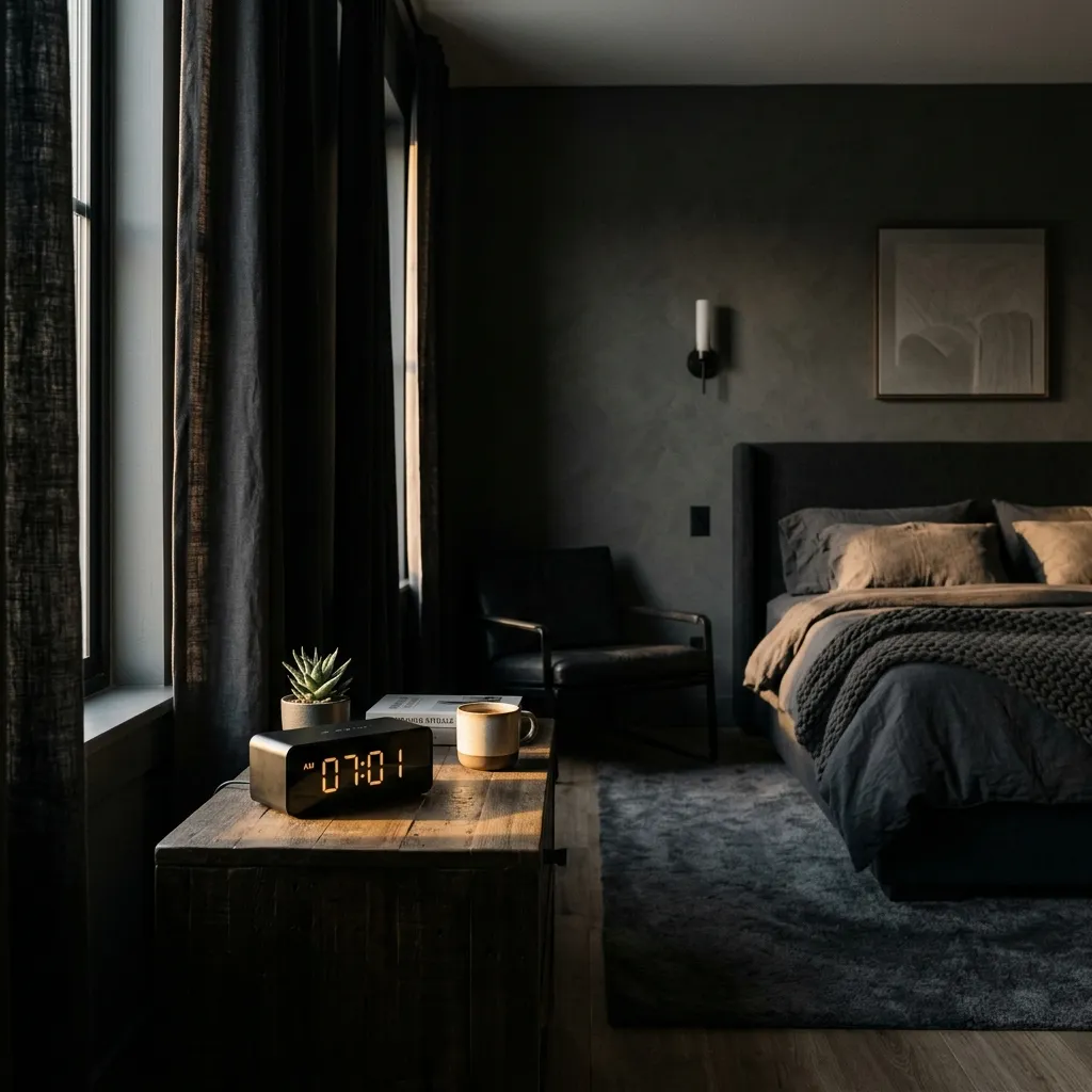 Morning sunlight peeking into a modern bedroom, hitting an alarm clock to reset the circadian rhythm