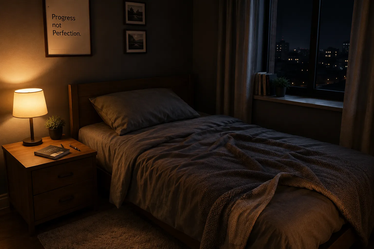 Cozy bedroom at night with city view