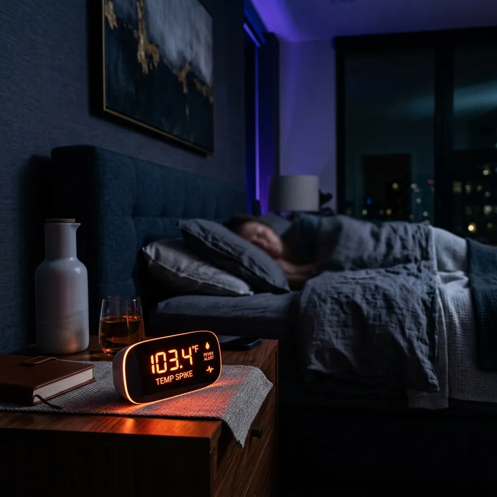 A glowing thermostat on a nightstand representing a hormonal body temperature spike at night