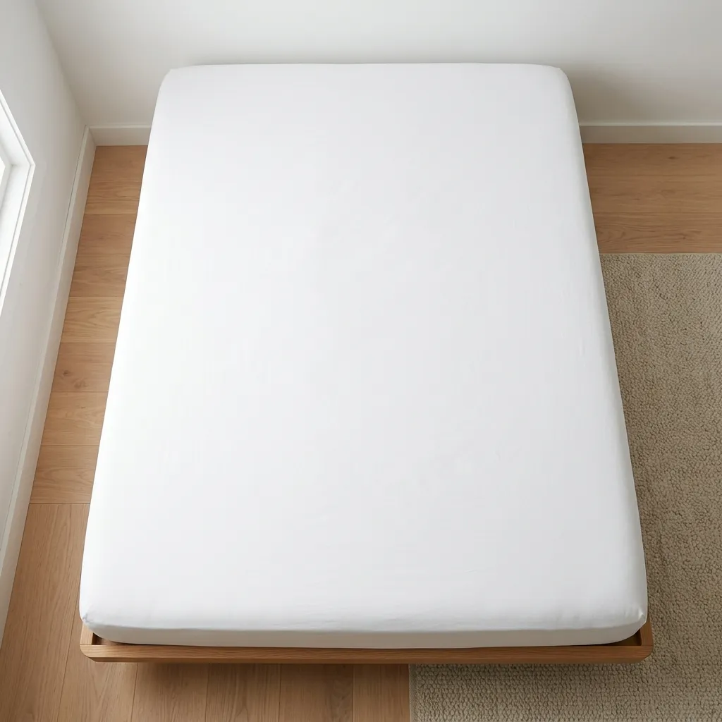 A top-down view of a firm adult mattress with crisp white fitted sheets, representing a safe sleep environment.